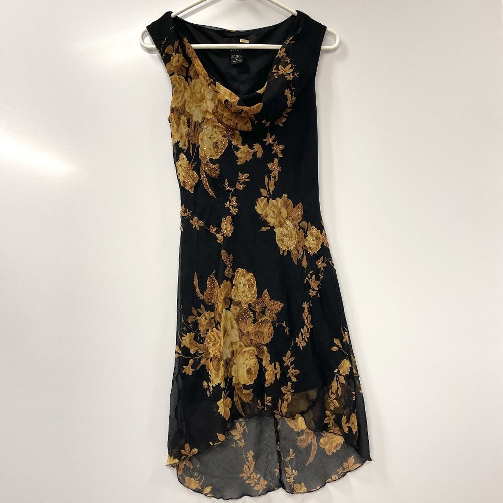 Connected Petite Black Sleeveless Floral Embellished High Low Hem Dress Sz S